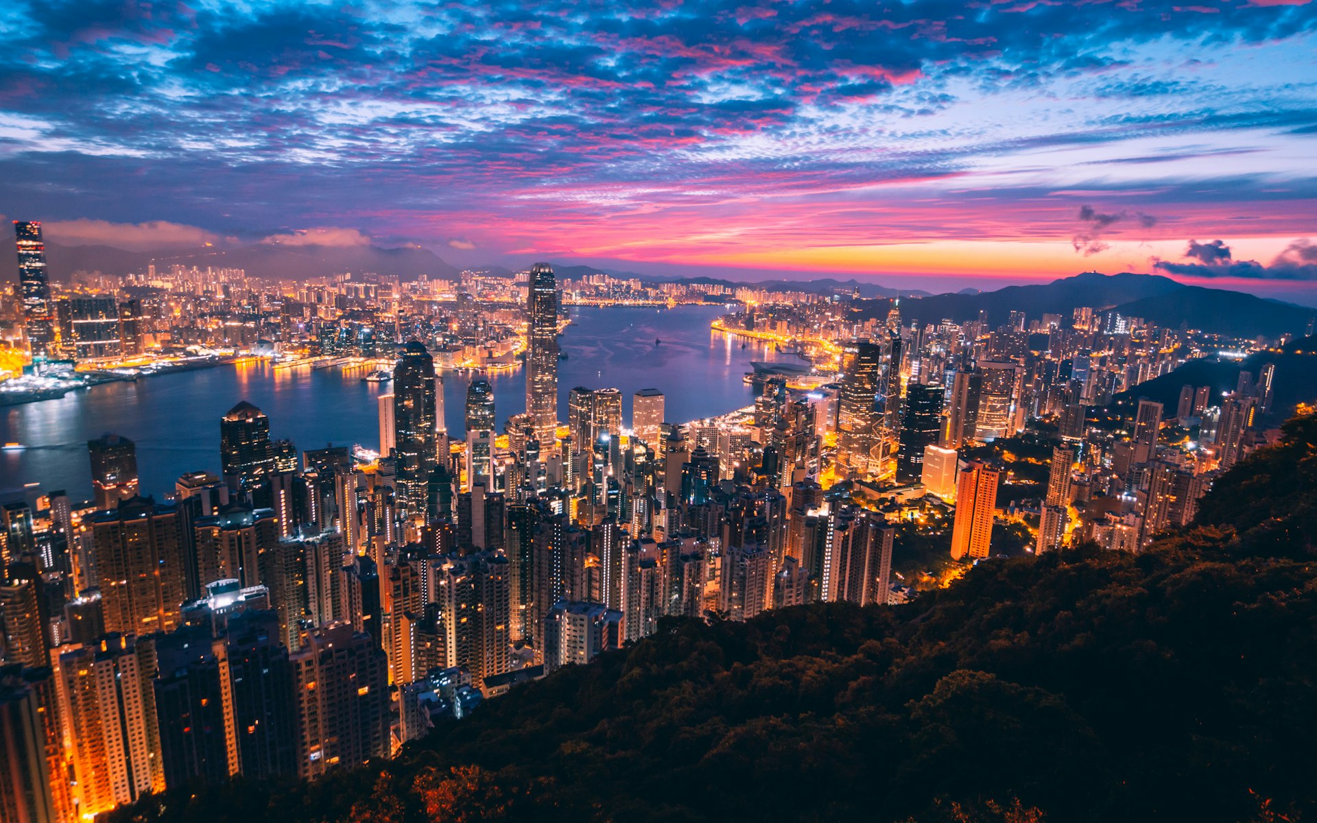 Hong Kong skyline and Victoria Harbour at twilight